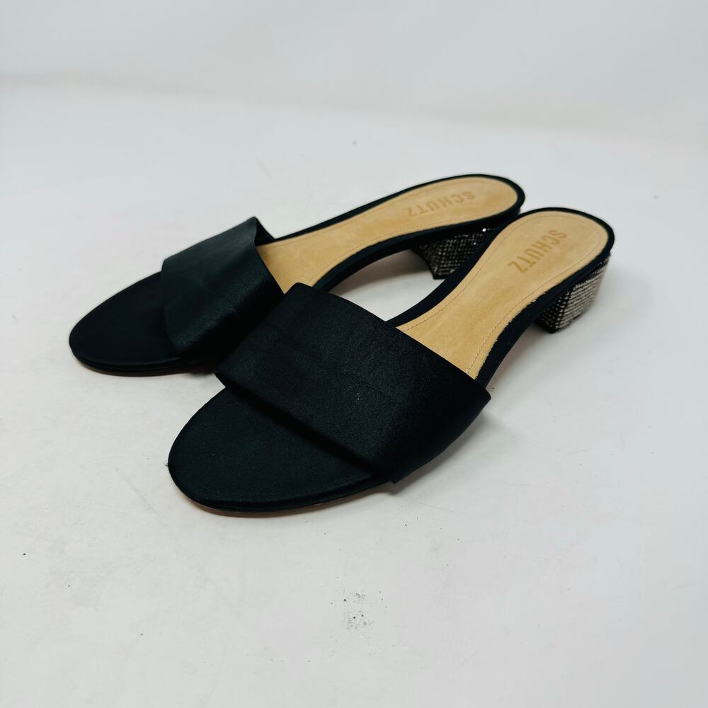 SCHUTZ Black Slide Sandals with Metallic Heel